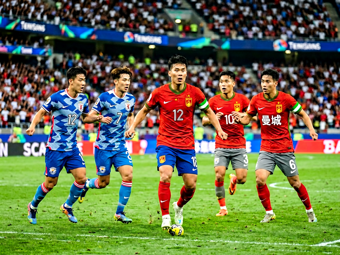 世界杯预选赛现场，国家队球员在赛场上拼搏